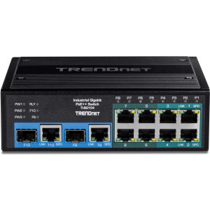 TRENDnet TI-BG104 10-Port Ethernet Switch, 4 Gigabit PoE++ ports, 4 Gigabit PoE+ ports, 2 shared Gigabit SFP slots, 20 Gbps switching capacity, DIN-rail/wall mount